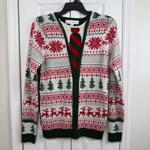 Jolly Sweaters Ugly Christmas Cardigan Tie Print Reindeer Trees Fair Isle Mens S